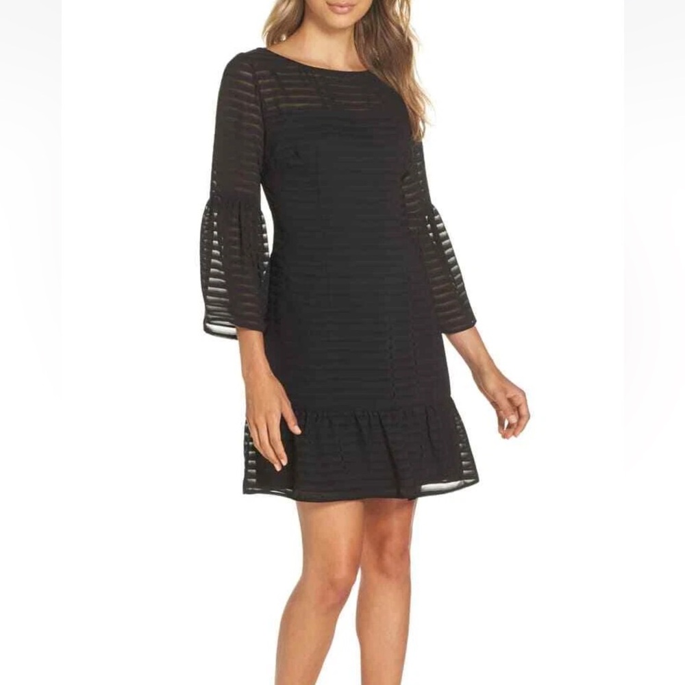 BB Dakota Night Vision Black Ruffled Hem, Sheer Yoke & Sleeve  Mini Dress Sz 8